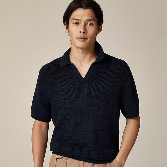 J Crew Linen-cotton blend johnny-collar sweater-polo Mens Medium Blue - Picture 1 of 6